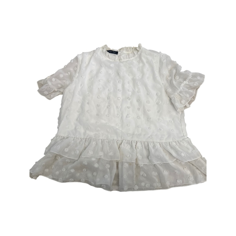 Coeur de Vague White Clip Dot Ruffle Mock Neck Peplum Blouse Womens Large L